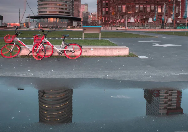 Rotterdam, Holanda - 12 de fevereiro de 2019: Hotel New York, duas bicicletas vermelhas estacionadas em frente ao hotel, o hotel e as bicicletas refletidas na água no caminho, no Night on Kop van — Fotografia de Stock