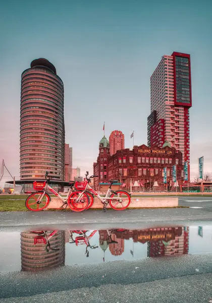 Rotterdam - 2019. február 12.: Rotterdam, Hollandia. Hotel New York-ban. Két piros kerékpár parkolt a szálloda előtt, a szálloda és a kerékpárok tükröződik a víz az úton, éjjel a — Stock Fotó