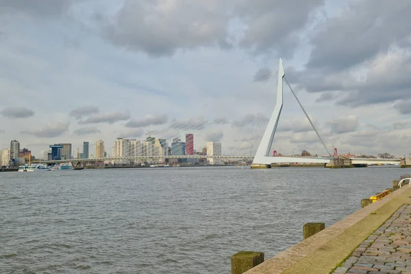 Rotterdam - 12 February 2019: Rotterdam, The Netherlands downtown skyline at dusk in South Holland, Rotterdam,Netherlands. Erasmus Bridge on the right — Stock Photo, Image