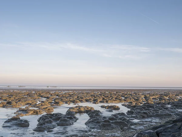 Légi kilátás a horizonton a tenger felett, halmok sár az előtérben, nemzeti park és Unesco Világörökség része Waddensea tartomány Friesland, Hollandia — Stock Fotó