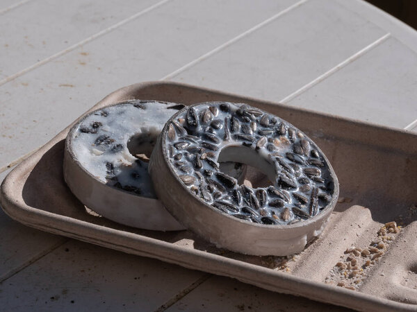 выбор семян, корма для птиц круглой формы в подносе для кормления диких птиц
