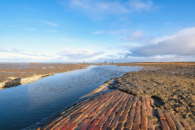 Uzaktaki birkaç kişi sahildeki bir konteynır gemisinin bıraktığı pisliği temizliyor. Gemi denizde bir kargo kaybetti. Her yerde beyaz köpük topları var. Friesland, Hollanda. Unesco Dünya Mirası.