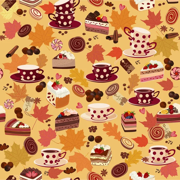 カップ、お菓子、秋の紅葉とシームレスなパターン. — ストックベクタ