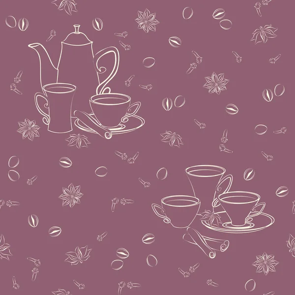 Seamless mönster med kaffepanna, koppar, kanel, kaffebönor, anis och kryddnejlika. — Stock vektor