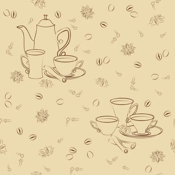 Бесшовный узор с чашками, корицей, кофейными зёрнами, анисом и гвоздикой . — стоковый вектор
