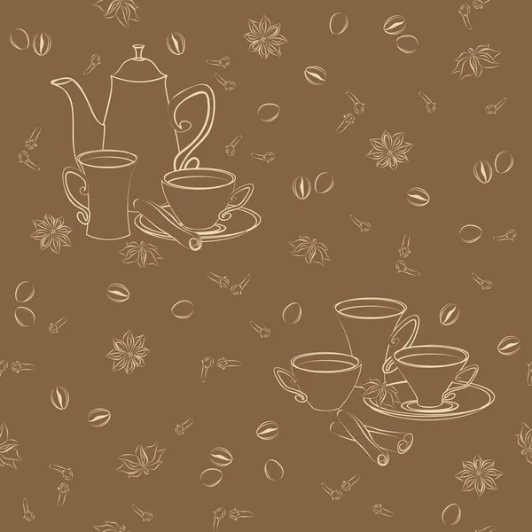 Seamless pattern with cups, cinnamon, coffee beans, anise and cloves. — Stock Vector