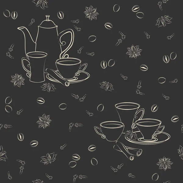 Nahtloses Muster mit Tassen, Zimt, Kaffeebohnen, Anis und Nelken. — Stockvektor