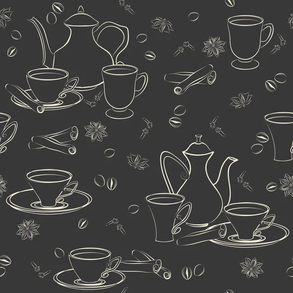 Vektor nahtloses Muster mit Kaffeekanne, Tassen und orientalischen Gewürzen. — Stockvektor