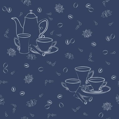 Vektör cezve, bardak ve oryantal baharatlar ile seamless modeli.