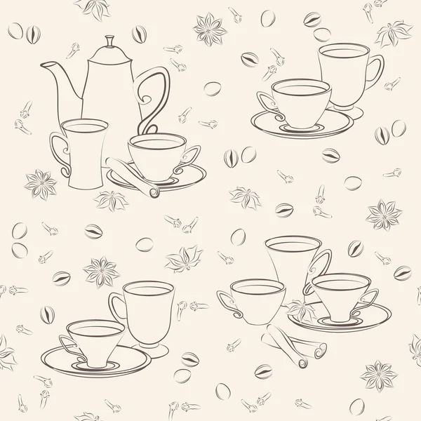 コーヒー ポット、カップとオリエンタル スパイスのシームレスなパターン ベクトル. — ストックベクタ