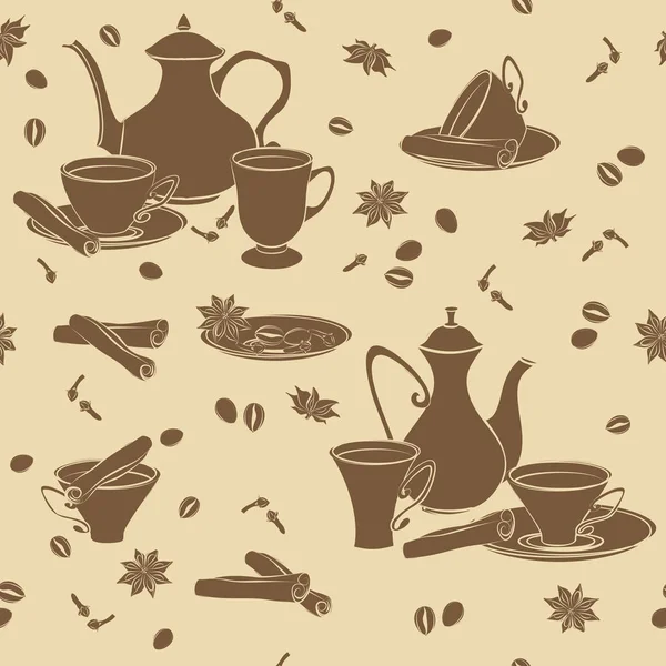 Vektor nahtloses Muster mit Kaffeekanne, Tassen und orientalischen Gewürzen. — Stockvektor