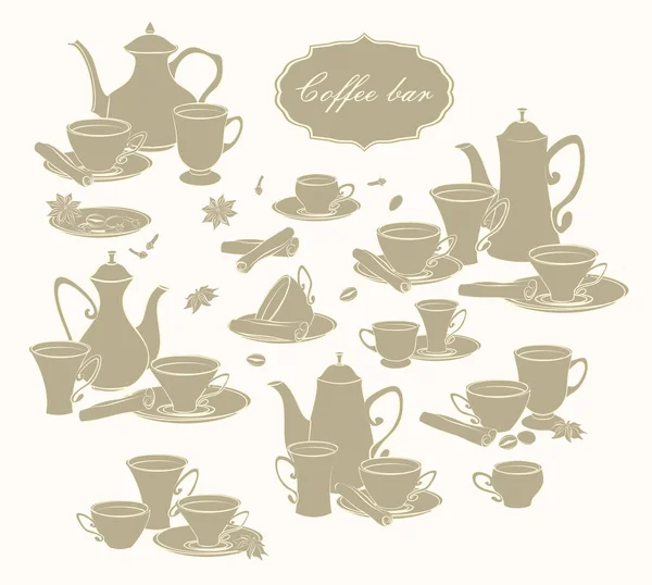 Set van vectorelementen koffie potten, bekers en specerijen. — Stockvector