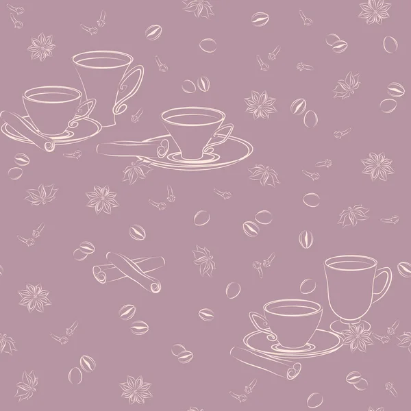 Бесшовный узор с чашками, корицей, кофейными зёрнами, анисом и гвоздикой . — стоковый вектор