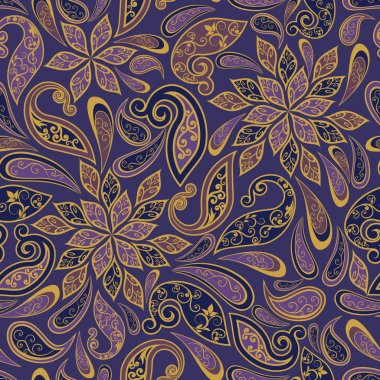 Dekoratif çiçekli, yapraklı ve doğu tarzında desenli soyut vintage desen.