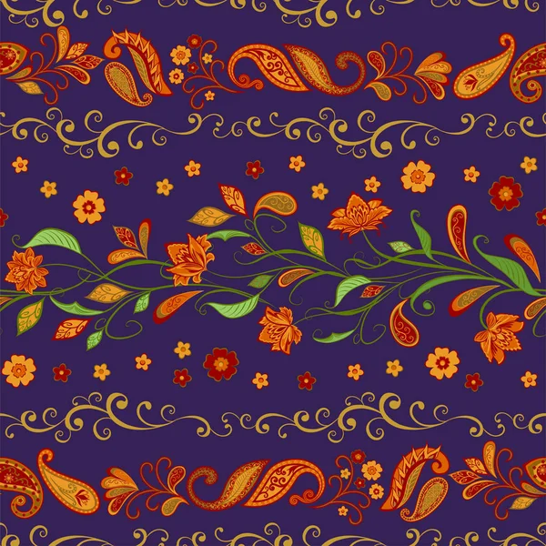 带有装饰花 叶子和东方风格佩斯利图案的复古图案 — 图库矢量图片