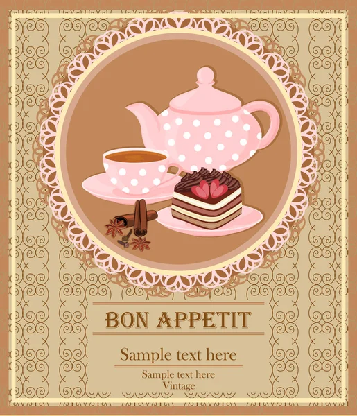 Teapot Cup Tea Cake Spice Background Teapot Cup Lace Frame — Stock Vector