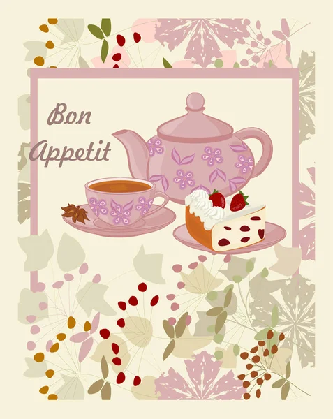 Teekanne Tasse Mit Tee Kuchen Und Blumen Hintergrund Mit Teekanne — Stockvektor