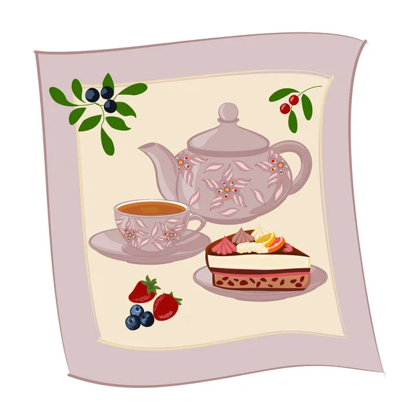 Wasserkocher Tasse Mit Tee Kuchen Und Beeren Hintergrund Mit Teekanne — Stockvektor