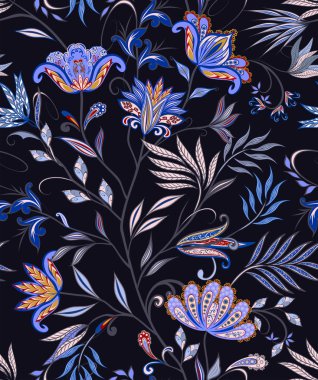 Dekoratif çiçekli, yapraklı ve doğu tarzında desenli soyut vintage desen.