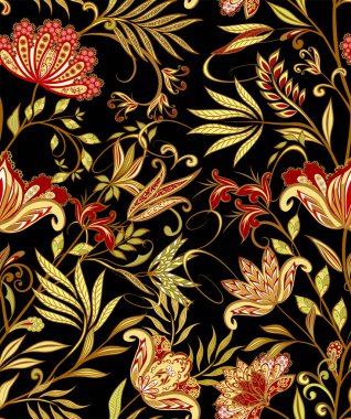 Dekoratif çiçekli, yapraklı ve doğu tarzında desenli soyut vintage desen.