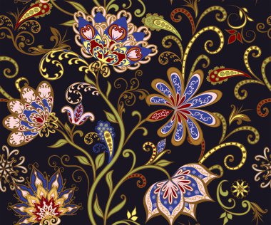 Dekoratif çiçekli, yapraklı ve doğu tarzında desenli soyut vintage desen.