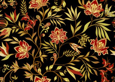 Dekoratif çiçekli, yapraklı ve doğu tarzında desenli soyut vintage desen.