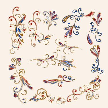 Bitkisel tasarım elemanları. Çiçek desenli vektör etnik oryantal tasarım elemanları, paisley.