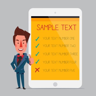 Tablet ile akıllı bir adam. arka plan. -vektör
