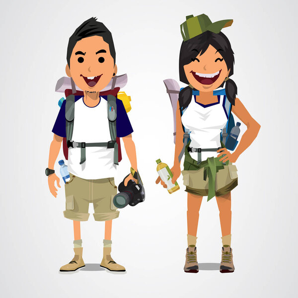 Векторная иллюстрация приключенческого туризма - мальчик и девочка - вектор
