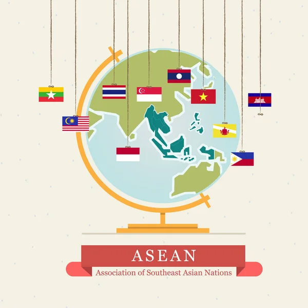 Asean Map und hängende Flaggen - Vektor — Stockvektor