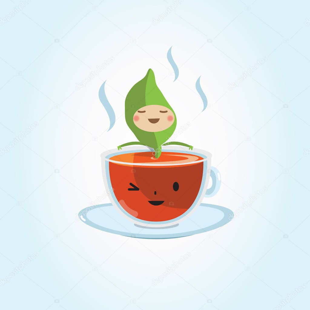 Tea leaf relaxing in tea cup. character design - vector illustration