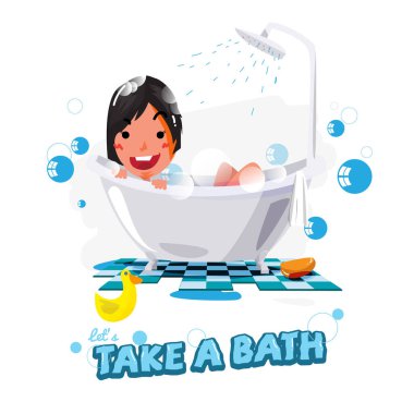 Banyodaki güzel bayan. Rahatlatıcı banyo kavramı - vektör