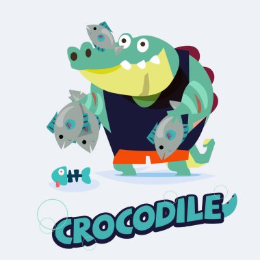 Timsah karakteri balık tutuyor. karikatür hayvanları konsepti - vect