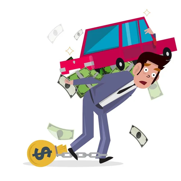 Un hombre cargando un coche con dinero. préstamo del coche. concepto de deuda y — Vector de stock