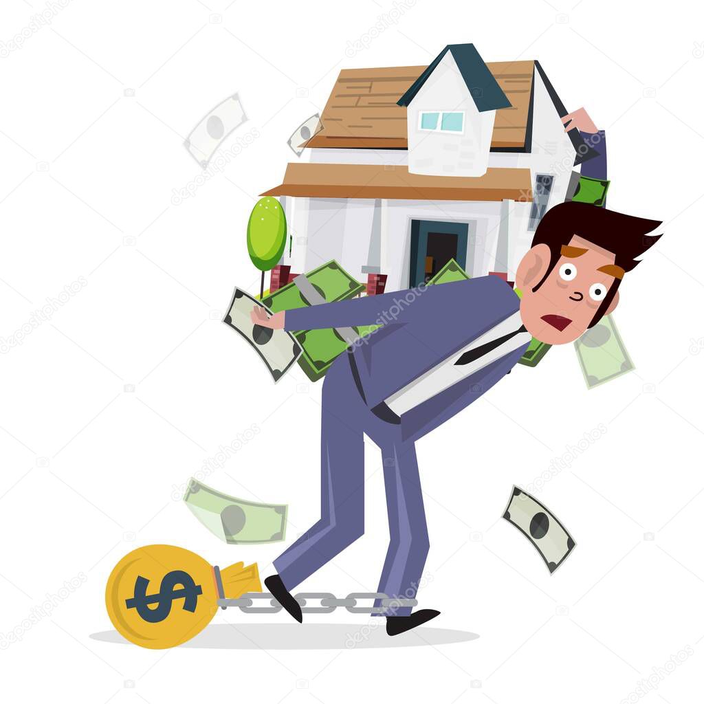 man carrying home with money. loan from house. concept of mortga