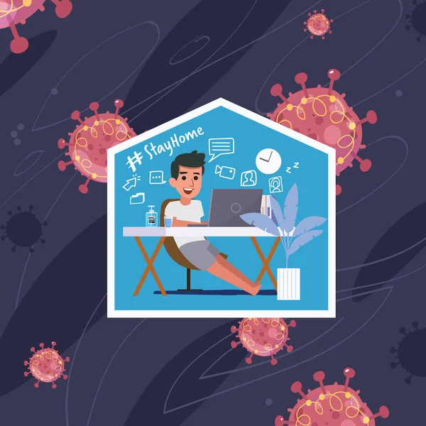 Evde çalışıyorum ve Coronavirus 'tan uzak duruyorum. konseptten çalışmak - vektör illüstrasyonu