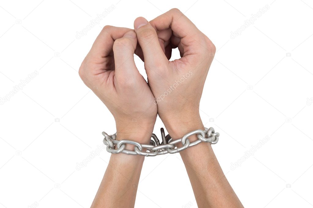 Male hands and chain isolated on white background