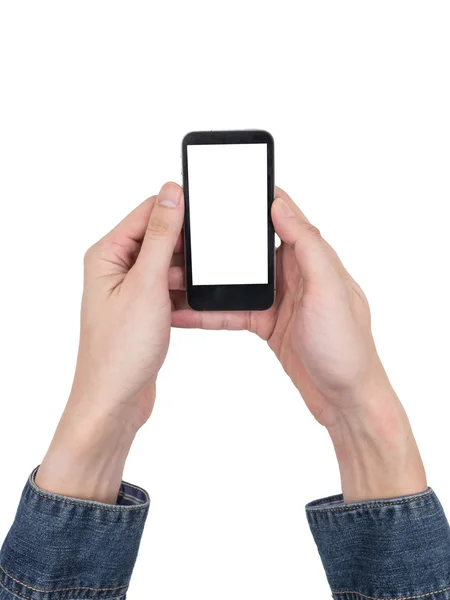 Mãos masculinas segurando um telefone celular com tela branca de toque no fundo branco . — Fotografia de Stock