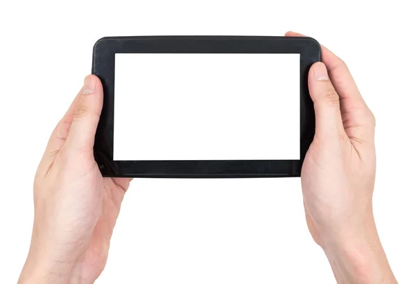 Mains masculines tenant un gadget tablette ordinateur tactile avec écran tactile vierge sur fond blanc . — Photo