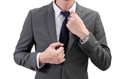 işadamı gri takım elbise üzerinde izole beyaz arka plan.