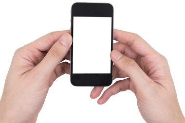 Bir cep telefonuyla holding erkek eller beyaz arka plan boş beyaz ekran dokunmatik.