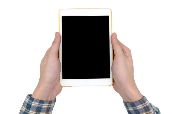 Чоловічі руки, що тримають білий планшетний сенсорний комп'ютерний гаджет з дотиком порожній чорний екран ізольовані на білому тлі . — стокове фото