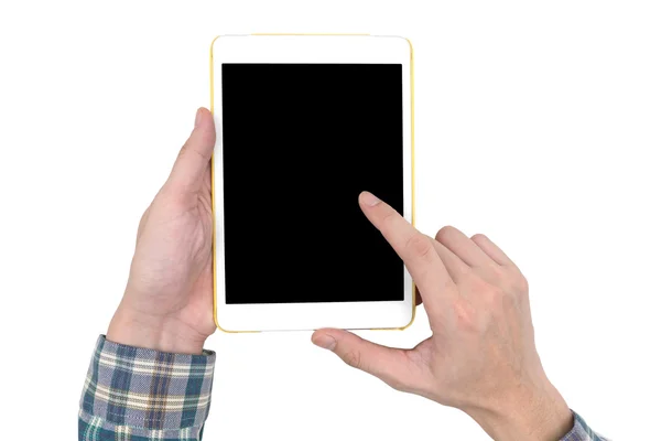 Mains masculines tenant une tablette blanche tactile gadget d'ordinateur avec écran noir vierge tactile isolé sur fond blanc . — Photo