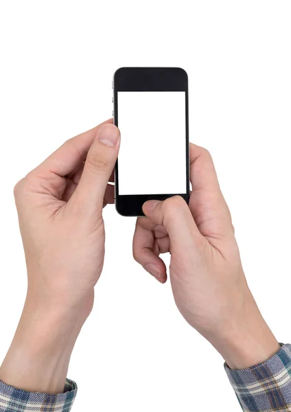 Mãos masculinas segurando um telefone celular com tela branca em branco toque — Fotografia de Stock