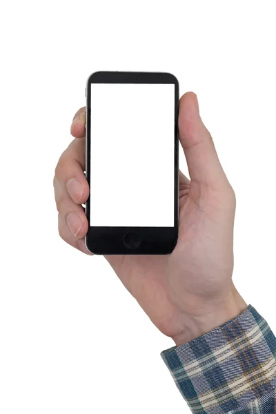 Mão masculina segurando um telefone celular com tela branca em branco toque no fundo branco . — Fotografia de Stock