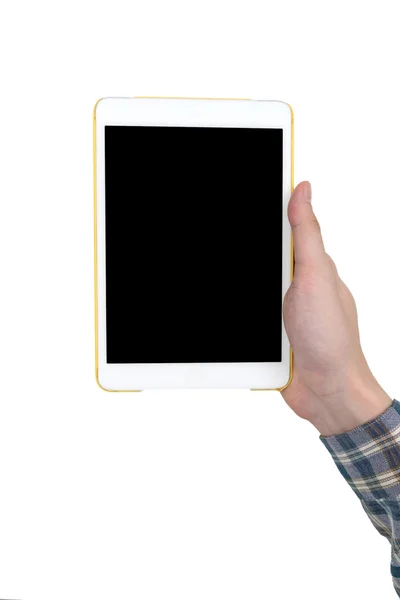 Main masculine tenant une tablette blanche tactile gadget d'ordinateur avec écran noir vierge tactile isolé sur fond blanc . — Photo