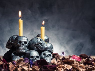 Mum yakma ve koyu arka plan üzerinde kurutulmuş çiçeklerle kafatasları.