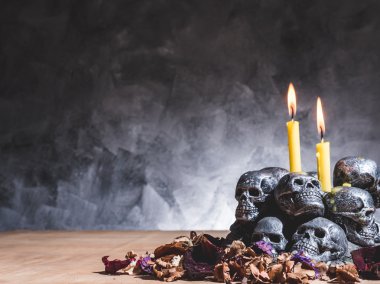 Mum yakma ve koyu arka plan üzerinde kurutulmuş çiçeklerle kafatasları.