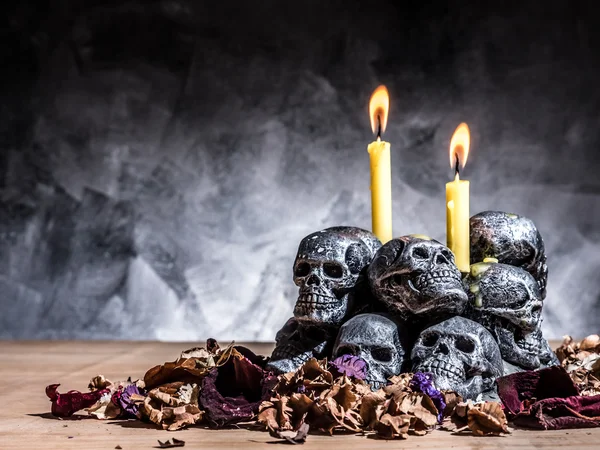 Dödskallar med ljus brinnande och torkade blommor på mörk bakgrund. — Stockfoto
