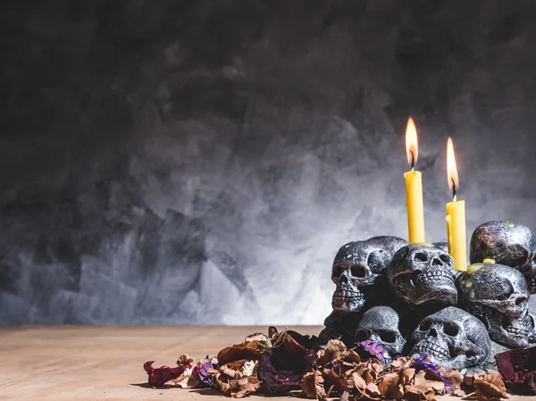 Skulls with candle burning and dried flowers on dark background. — Stock Photo, Image